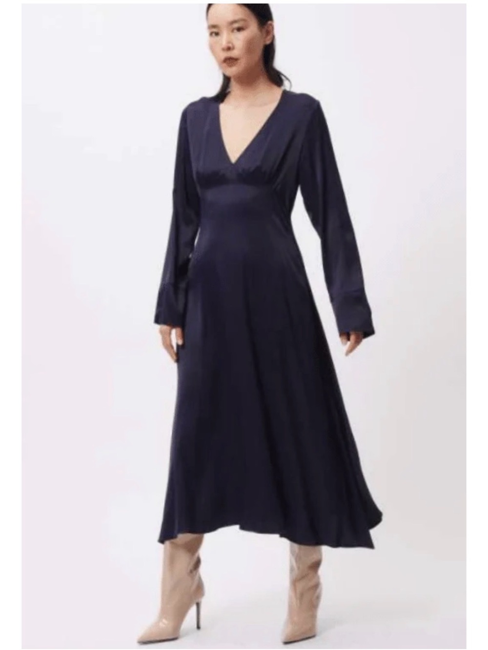 FRNCH V-Neck Long-Sleeve Midi Dress in Navy